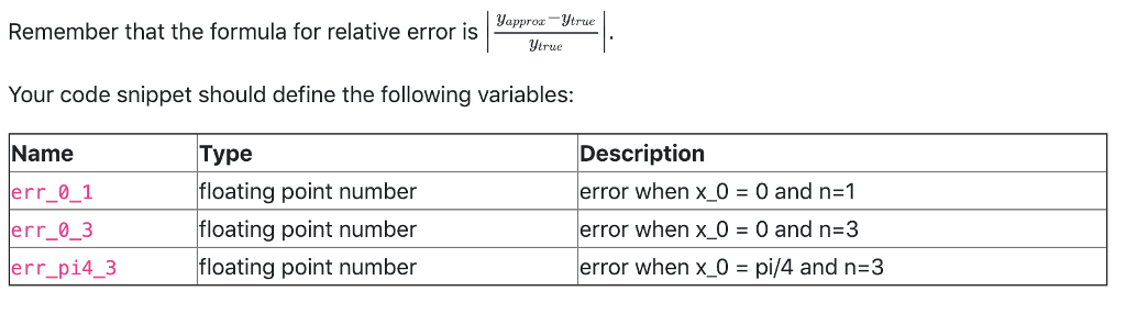 Remember that the formula for relative error ispro Verue Remember that the formula for relative ytrue Your code snippet shoul