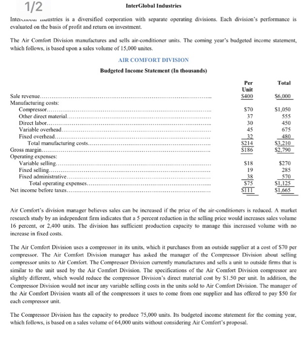Solved Interglobal Industries Intelivvai Ustries Is A Div