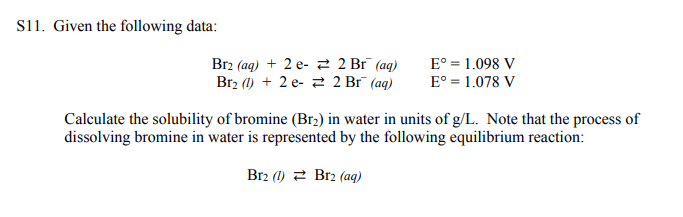 Solved S1 Given The Following Data Br2 Aq 2 E 근 2 Chegg Com