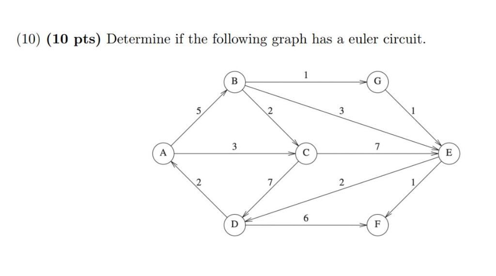 (10) (10 pts) Determine if the following graph has a euler circuit.