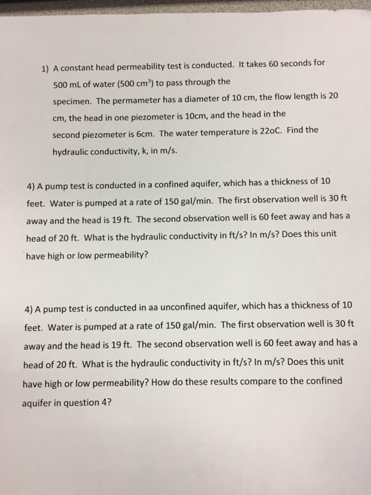 Solved A Constant Head Permeability Test Is Conducted It Chegg Com