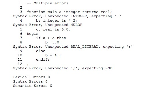 -Multiple errors 2 3 function main a integer returns real; syntax error, unexpected integer, expecting: b: integer is 2; sy