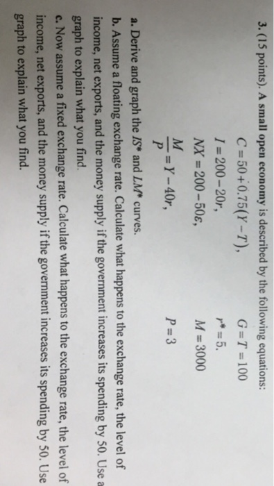 Solved 3 15 Points Small Open Economy Described Following Equations C 50 075 Y T 1 0 r Nx Q