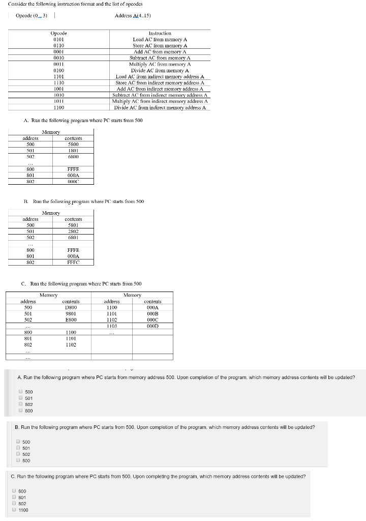 Consider the following instruction format and the list of opcodes Opcode (0. 3) Address AI4..151 Oprode Instruction Load AC t