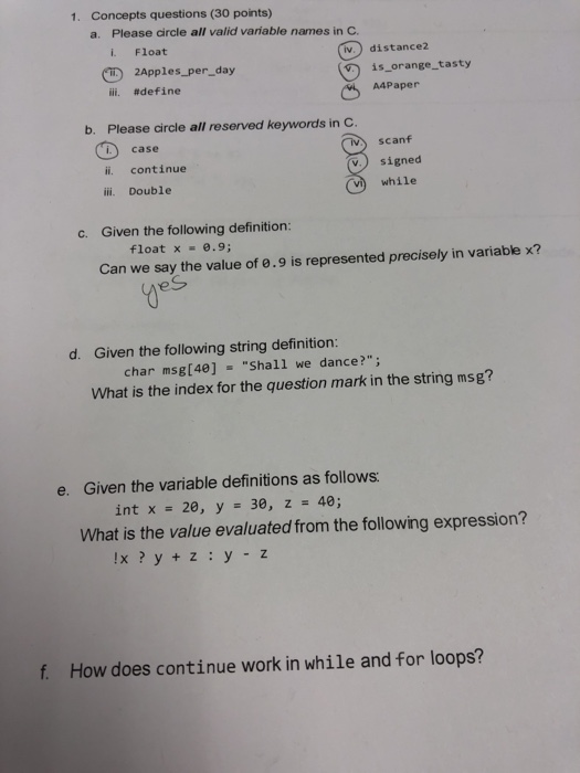 Solved Concepts Questions 30 Points A Please Circle Al Chegg Com