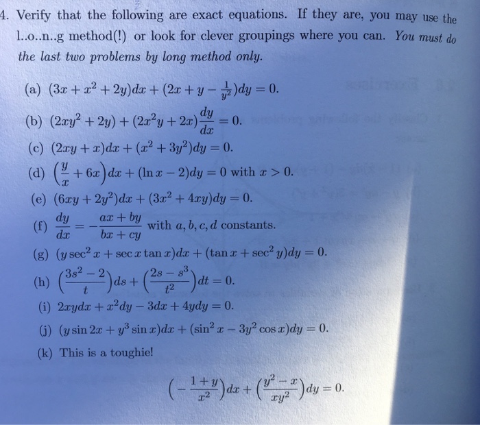 Solved Verify That The Following Are Exact Equations If Chegg Com