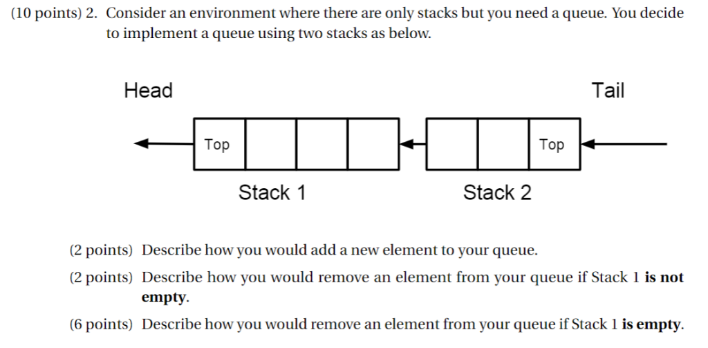 0 ponts 2 Cosder an environment where there are oanly stacks but you need a queue You decide t where there are only stacks bu