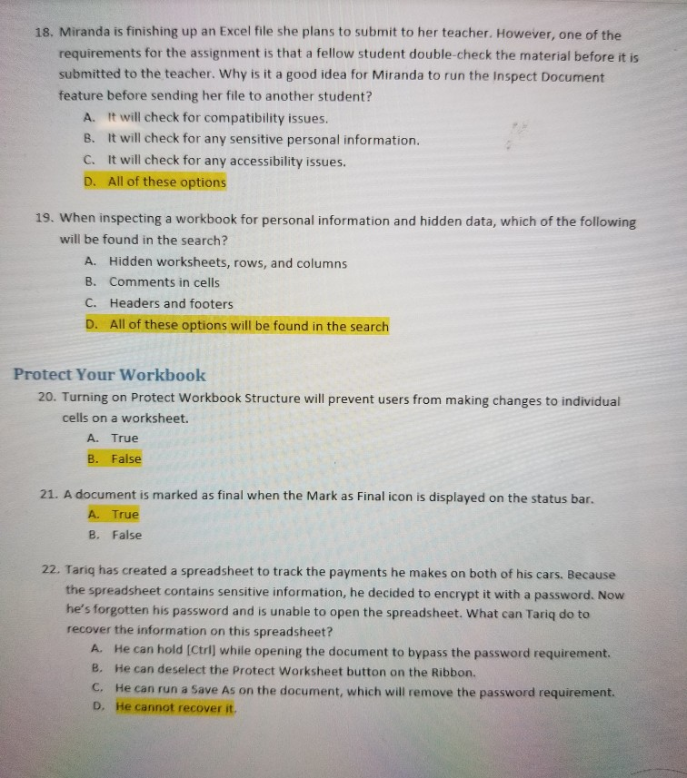 18. Miranda is finishing up an Excel file she plans to submit to her teacher. However, one of the requirements for the assign