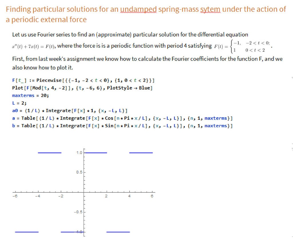 Finding particular solutions for an undamped spring-mass sytem under the action of a periodic external force Let us use Fouri