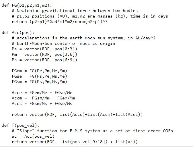 def FG(p1,p2,m1,m2): # Newtonian gravitational force between two bodies # p1,p2 positions (AU), m1,m2 are masses (kg), time i