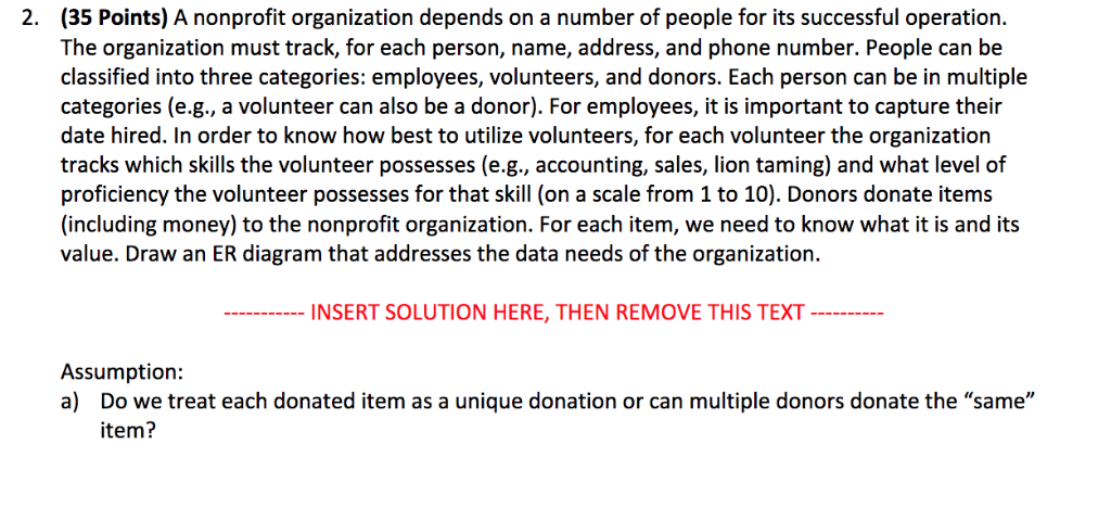(35 Points) A nonprofit organization depends on a number of people for its successful operation. The organization must track,