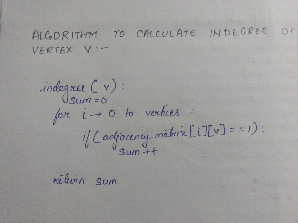 ALGORITHM TO CALCULATE İN DEGREE or VERTEX V 0 fo vechces : or t→ Sum -f hun gum