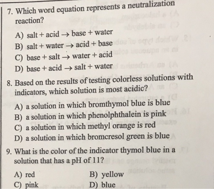 Solved 7 Which Word Equation Represents A Neutralization Chegg Com