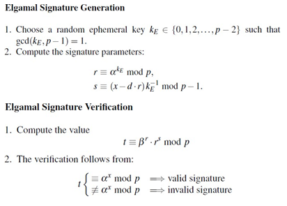 Elgamal Signature Generation 1. Choose a random ephemeral key KE E 0,1,2,...,p -2) such that gcd(kE,p 1)I 2. Compute the signature parameters: Elgamal Signature Verification 1. Compute the value 2. The verification follows from: Br mod p ce mod p αχ mod p -valid signature -invalid signature
