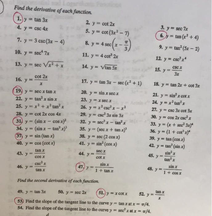 Solved Find The Derivative Of Each Function 1 Y Tan 3x Chegg Com