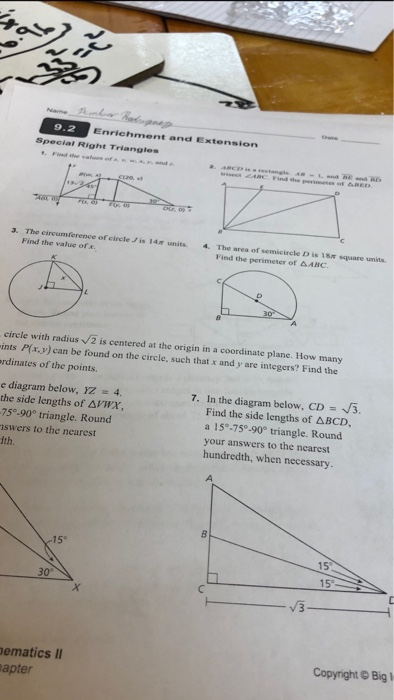 9 2 Enrichment And Extension Special Right Triangles Chegg Com