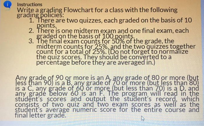Instructions Write a grąding Flowchart for a class with the following gradn ere are two quizzes, each graded on the basis of 10 oints. 2. There is one midterm exam and one final exam, each aded on the basis of 100 points 3. The final exam counts for 50% of the grade, the midterm counts for 25%, and the two quizzes together count for a total of 25%. Do not forget to normalize the quiz scores, They should be converted to a percentage before they are averaged in. ny grade of 90 or more is an A, any 

<div class=