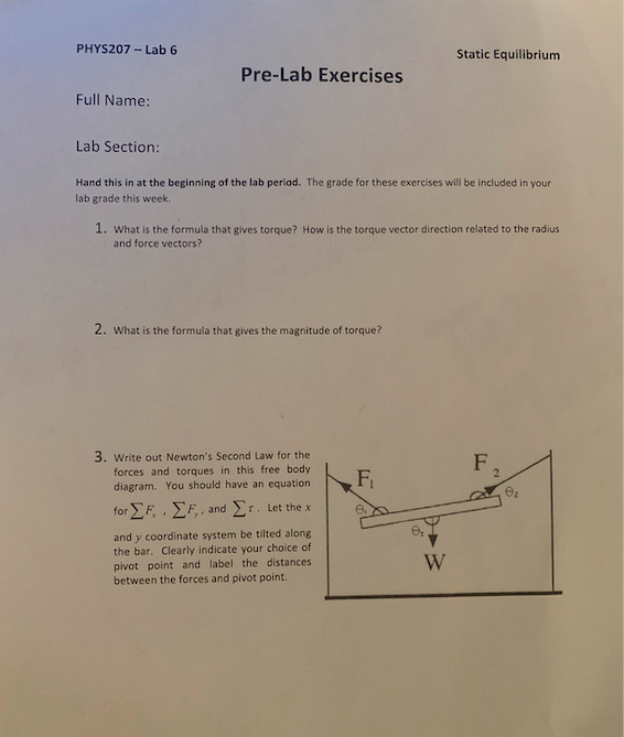 Phys207 Lab 6 Static Equilibrium Pre Lab Exercises Chegg 