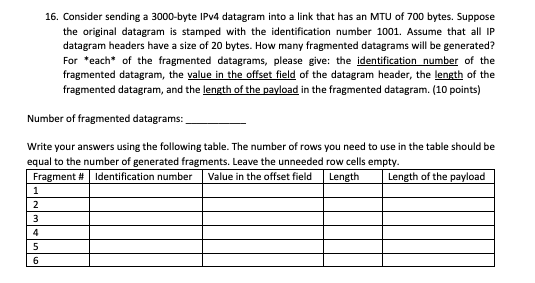 16. Consider sending a 3000-byte IPv4 datagram into a link that has an MTU of 700 bytes. Suppose the original datagram is stamped with the identification number 1001. Assume that all IP datagram headers have a size of 20 bytes. How many fragmented datagrams will be generated? For each of the fragmented datagrams, please give: the identification number of the fragmented datagram, the value in the offset field of the datagram header, the length of the fragmented datagram, and the length of the payload in the fragmented datagram. (10 points) Number of fragmented datagrams: Write your answers using the following table. The number of rows you need to use in the table should be equal to the number of generated fragments. Leave the unneeded row cells empty Fragment # | Identification number | Value in the offset field | Length | Length of the payload
