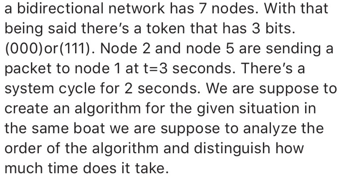a bidirectional network has 7 nodes. With that being said theres a token that has 3 bits. (000)or (111). Node 2 and node 5 a