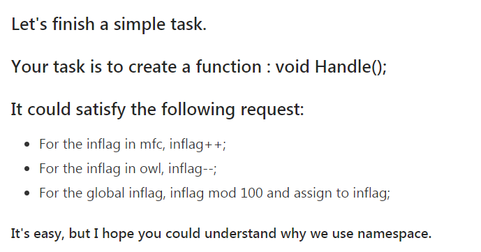 Lets finish a simple task. Your task is to create a function void Handle); For the inflag in mfc, inflag++ For the inflag in