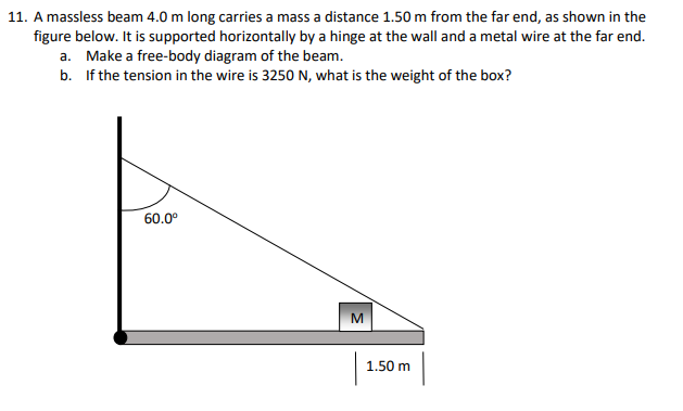 solved 11 a massless beam 4 0 m long carries a mass a di
