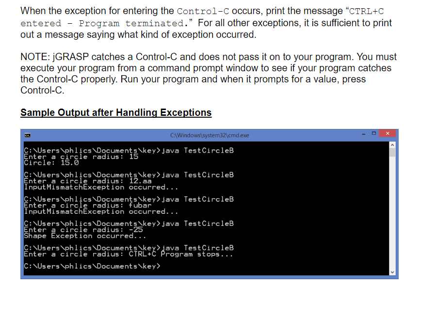 When the exception for entering the Control-c occurs, print the message CTRL+C entered - Program terminated. For all other