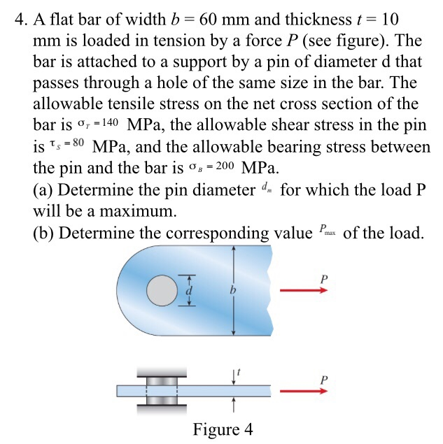 4. A flat bar of width b -60 mm and thickness t 10 mm is loaded in tension by a force P (see figure). The bar is attached to a support by a pin of diameter d that passes through a hole of the same size in the bar. The allowable tensile stress on the net cross section of the bar is -140 MPa, the allowable shear stress in the pin is Ts -80 MPa, and the allowable bearing stress between the pin and the bar is o,-200 MPa. (a) Determine the pin diameter d. for which the load P will be a maximum (b) Determine the corresponding value of the load. Figure 4