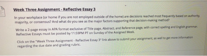 Solved Week Three Assignment Reflective Essay 3 In Your Chegg Com