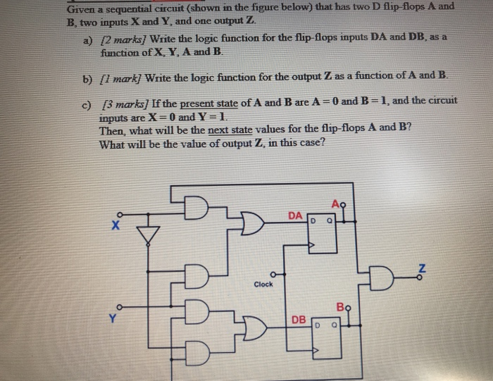 Given a sequential circuit (shown in the figure below) that has two D flip-flops A and a) [2 marks] Write the logic function