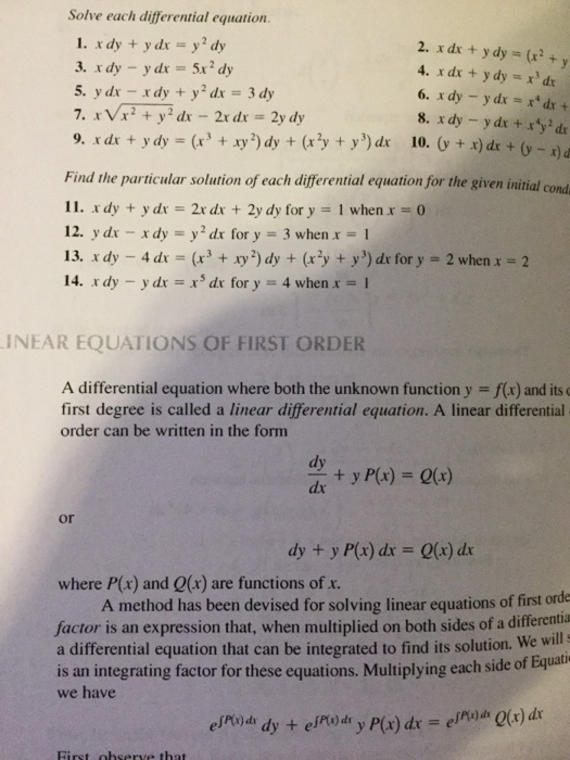 Solve Each Differential Equation X Dy Y Dx Y 2 Dy Chegg Com