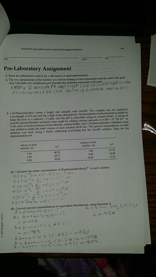 Solved 0359 Spectrophotomerric Ysis Of Permangan 0359 Spectrophotomerric Ysis Of Permanganate Solotions 199 Pre Laboratory Ignment 1 Read An