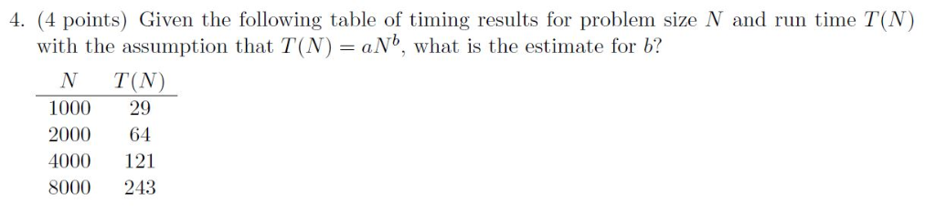 4. (4 points) Given the following table of timing results for problem size N and run time T(N with the assumption that T(N) =