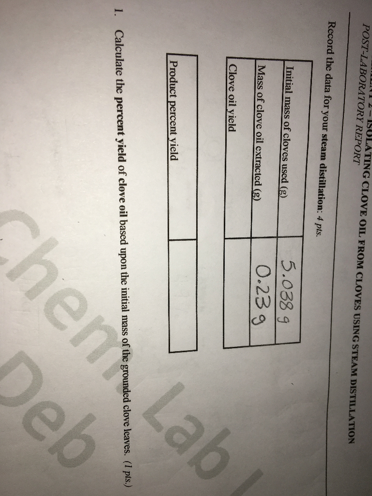 Solved What Is The Clove Oil Yield And Product Percent Yi Chegg Com