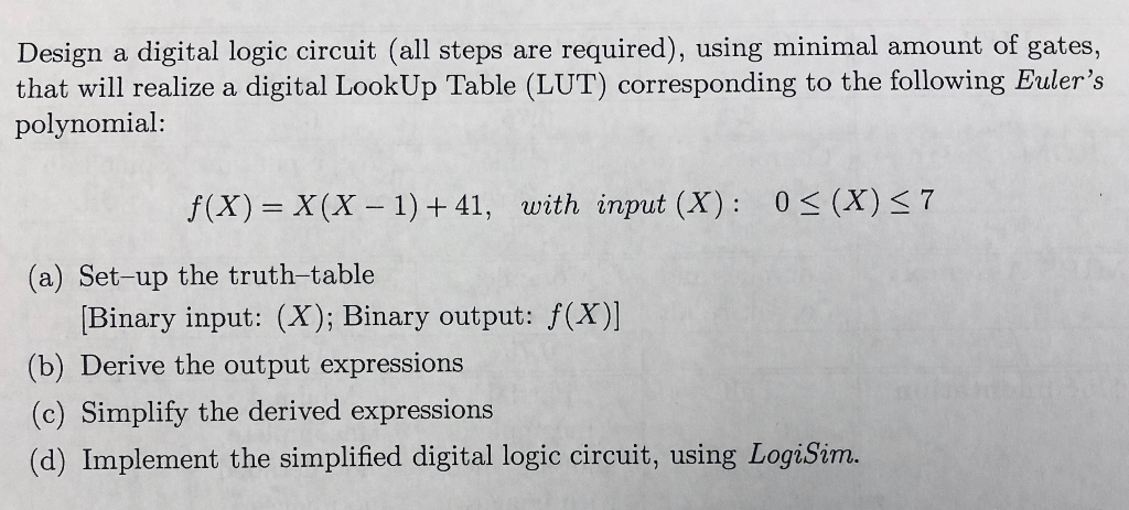 Design a digital logic circuit (all steps are required), using minimal amount of gates, that will realize a digital LookUp Ta