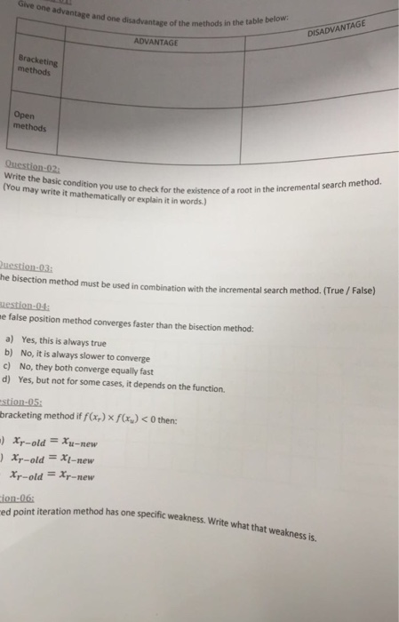 Give one advantage and one disadvantage of the methods in the table below: DISADVANTAGE ADVANTAGE methods Open methods Write the basic condition you use to existence of a (You may write it mathematically or explain it in words.) check for the existence of a root in the incremental search method. he bisection method must be used in combination with the incremental search method. (True /Fa e false position method converges faster than the bisection method: a) Yes, this is always true b) No, it is always slower to converge c) No, they both converge equally fast d) Yes, but not for some cases, it depends on the function. stion-05: bracketing method iff(xr7x f(%) < 0 then: xr-oldxi-new r-new ion-06; ed point iteration method has one specific weakness. Write what that we t that weakness is.