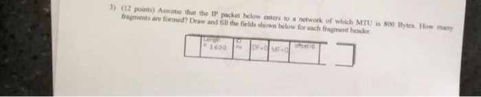 3) (12 points) Assume that the IP packet below enters to a network of which MTU is 800 Bytes. How many fragments are forned? Draw and fill the fields shown below for each fragment header offset 1600