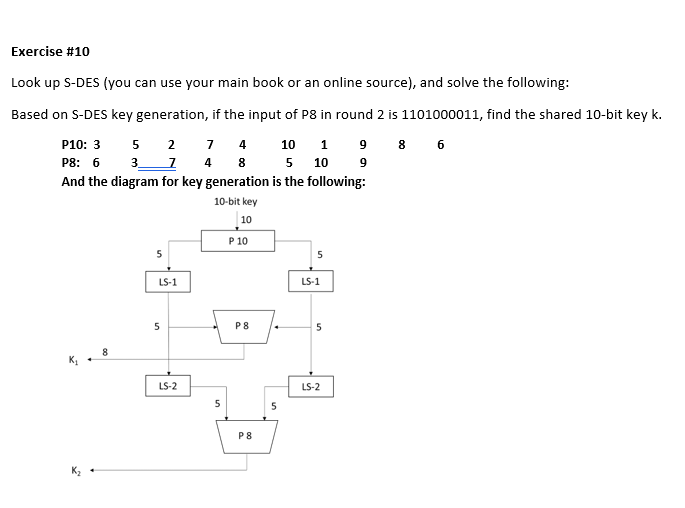Exercise #10 Look up S-DES (you can use your main book or an online source), and solve the following: Based on S-DES key generation, if the input of P8 in round 2 is 1101000011, find the shared 10-bit key k. P10: 3 5 2 74 10 1 98 6 P8: 6 3 1 48 9 5 10 And the diagram for key generation is the following 10-bit key 10 P 10 LS-1 し5-1 P 8 K1 LS-2 LS-2 P 8
