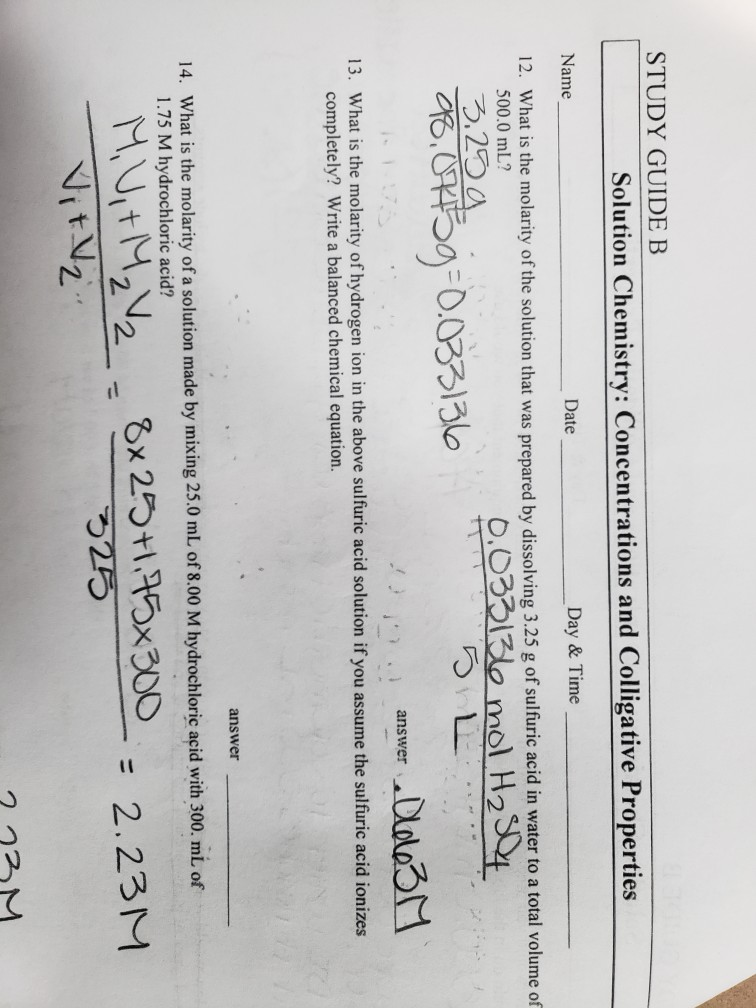 Study Guide B Solution Chemistry Concentrations And Chegg 