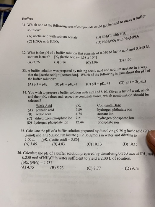 Solved Buffers 31 Which One Of The Following Sets Of Com Chegg Com