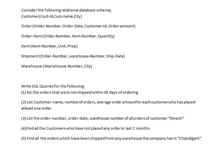 Consider the following relational database schema; Customer(Cust-ld,Cust-name,City) Order (Order-Number, Order-Date, Customer-ld, Order-amount) Order-ltem (Order-Number, Item-Number, Quantity) Item (Item-Number, Unit, Price) Shipment (Order-Number, warehouse-Number, Ship-Date) Warehouse (Warrehouse-Number, City) Write SQL Queries for the following: (1) list the orders that were not shipped within 30 days of ordering (2) List Customer-name, numberof orders, average order amountfor each customerwho has placed atleast one order (3) List the order-number, order-date, warehouse number of all orders of customerDinesh jFind al the Customednrr lst 2 months (5) Find all the orders which have been shipped from any warehouse the company has in Chandigarh