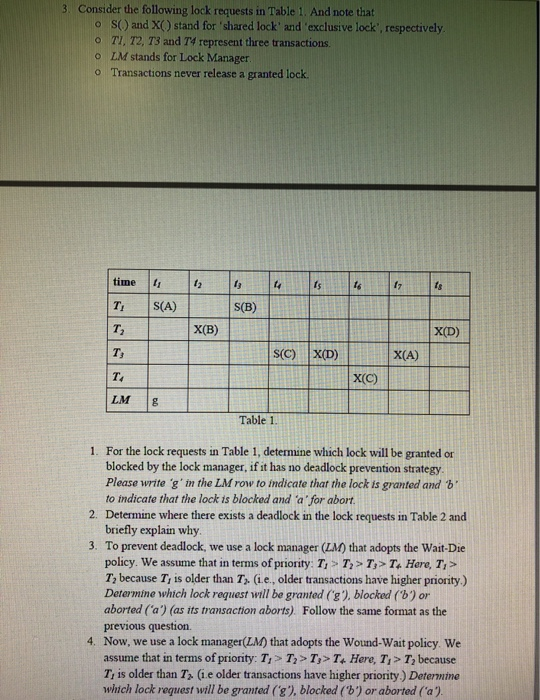 3. Consider the following lock requests in Table 1. And note that o S( ) and X( ) stand for shared lock, and . exclusive lock