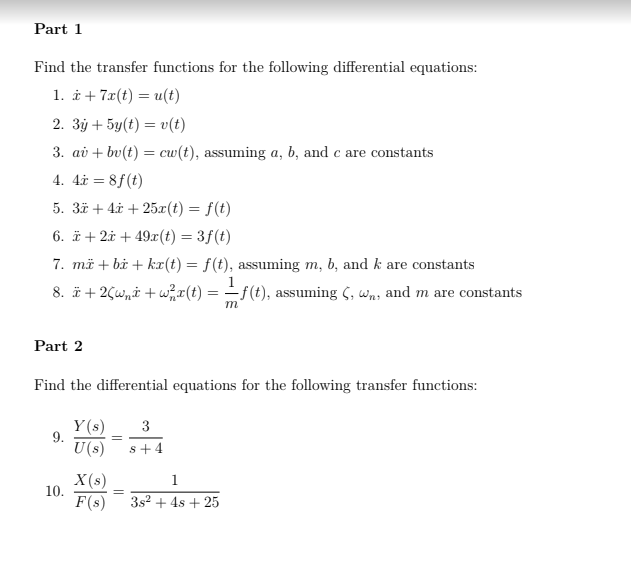Part 1 Find The Transfer Functions For The Following Chegg Com