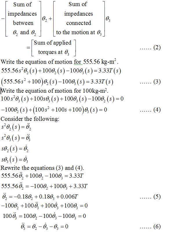 Sum of impedances between 0, and e Sum of impedances connected to the motion at θ Sum of applied torques at 6, Write the equa