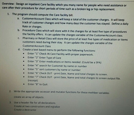 Overview: Design an inpatient Care facility which you many name for people who need assistance or care after thei ir procedur