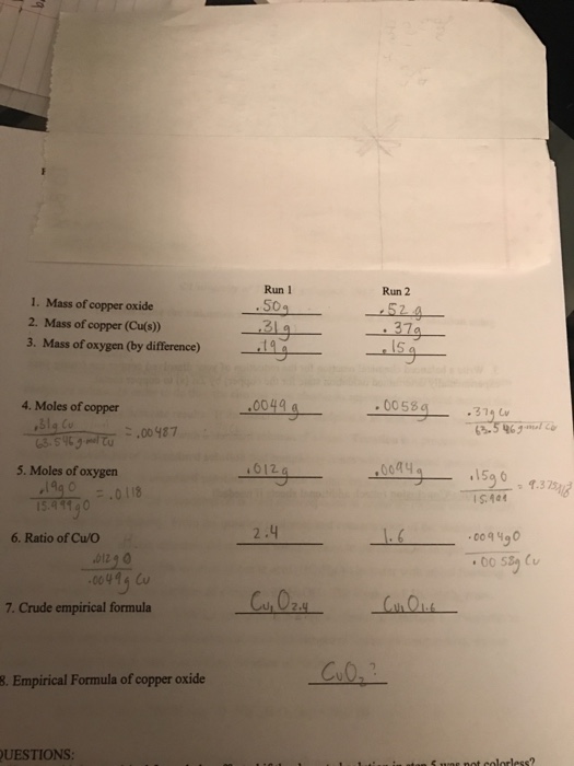 Solved Run 1 So Run 2 1 Mass Of Copper Oxide 2 Mass Of Chegg Com