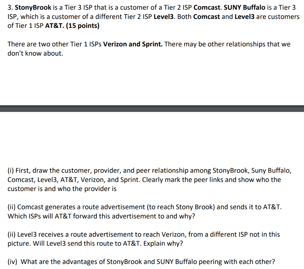 3. StonyBrook is a Tier 3 ISP that is a customer of a Tier 2 ISP Comcast. SUNY Buffalo is a Tier 3 ISP, which is a customer o