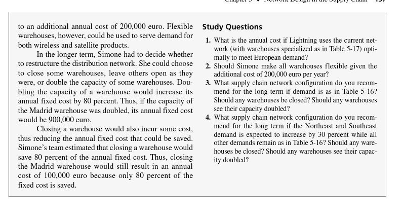 to an additional annual cost of 200,000 euro. Flexible warehouses, however, could be used to serve demand for both wireless a