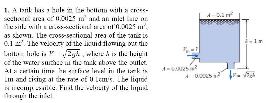 1. A tank has a hole in the bottom with a cross- sectional area of 0.0025 m2 and an inlet lne on the side with a cross-sectional area of 0.0025 m2. as shown. The cross-sectional area of the tank is 0.1 m2. The velocity of the liquid flowing out the bottom hole is V2gh , where h is the height of the water surface in the tank above the outlet. At a certain time the surface level in the ank is4- lm and rising at the rate of 0.1cm/s. The liquid is incompressible. Find the velocity of the liquid through the inlet. A-0.1 m2 h 1 m in A 0.0025 m A = 0.0025 m2 p. V2gh