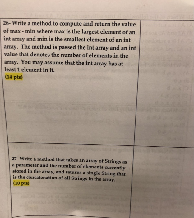 26- Write a method to compute and return the value of max- min where max is the largest element of an int array and min is th